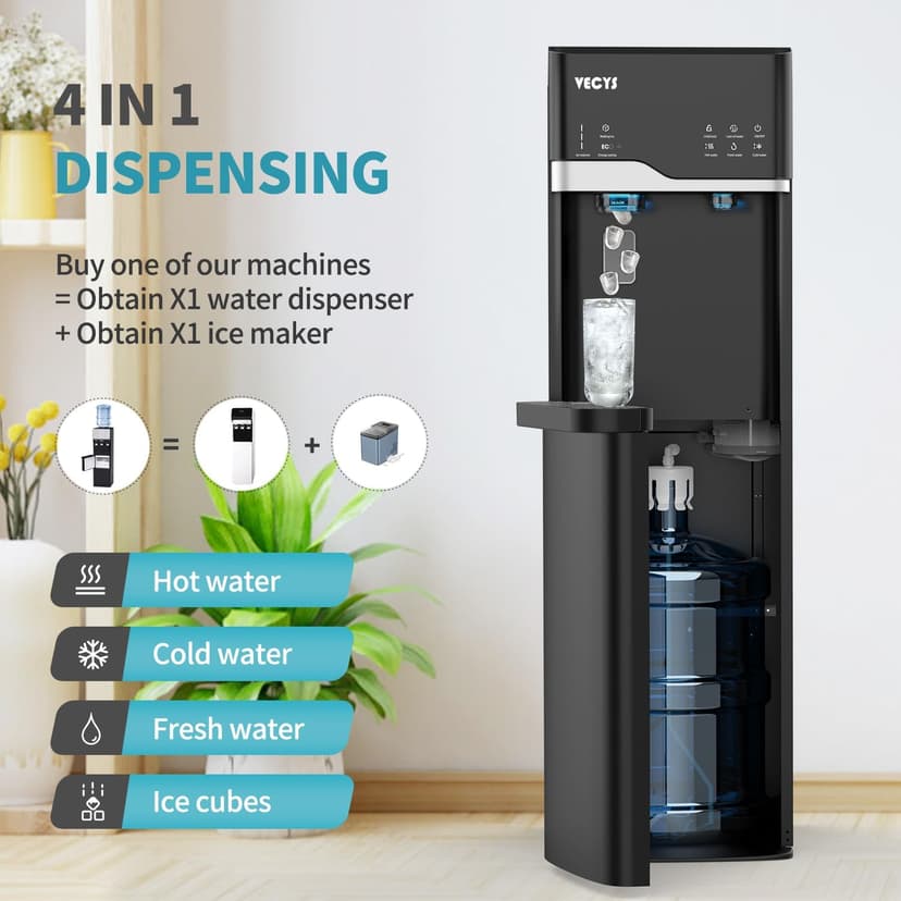 VECYS Self-Clean Bottom Loading Ice Maker Water Dispenser for 5 Gallon Bottle, Hot Cold Room Water 22LBS Daily Ice Making, Child Safety Lock, Black
