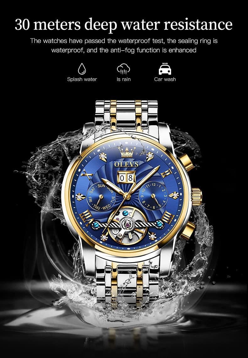 OLEVS Men Automatic Watch Skeleton 5 Hands Mechanical Classic Luxury Multi Calendar Stainless Steel Waterproof Wrist Watch for Men