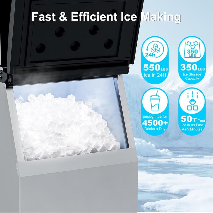 COTLIN Commercial Ice Maker, 550LBS/24H with 350LBS Storage, Commercial Ice Machine with Self-Cleaning, Ice Ready in 5–15 Min, Timing Function, Ice Thickness Adjustment, Stainless Steel, ETL Approval