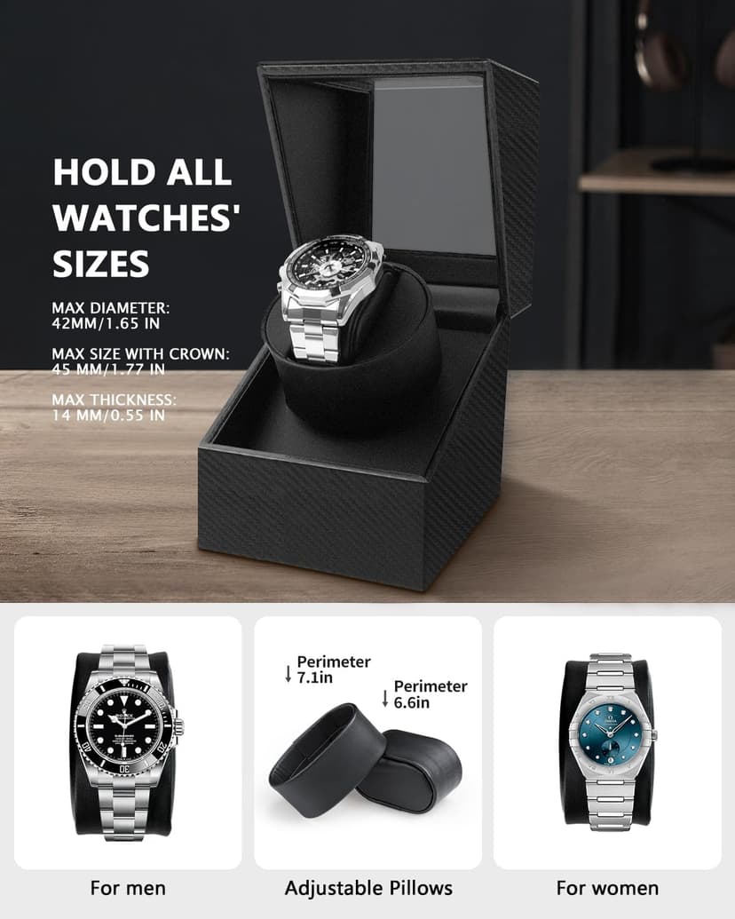 UnaMela Watch Winder for Automatic Watches: Automatic Single Watch Winder Box, Rotating Watch Case in Black Carbon Fiber Leather, Watch Rotator with Japanese Quiet Motor, Battery Powered or AC Adapter