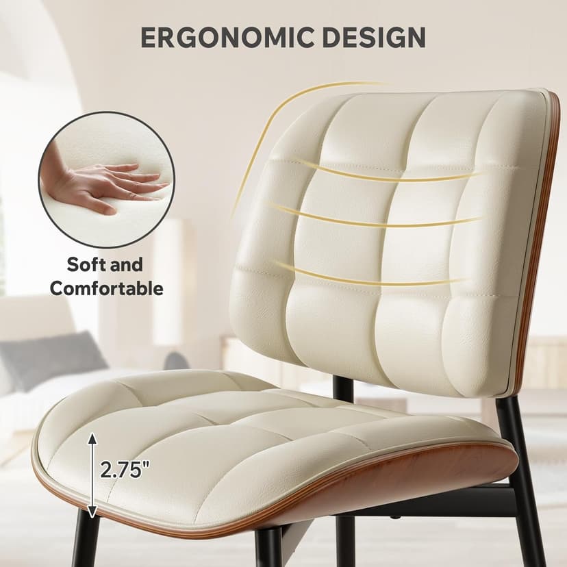 Dining Chairs Set of 2, Mid Century Modern Dining Room Chair with Thick Cushion, Upholstered Faux Leather Kitchen Chairs with Walnut Bentwood Back for Kitchen Dining Room, Beige