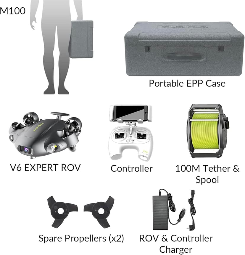 FIFISH QYSEA V6 Expert M100 with 6 Hours Working Time, AI Vision Lock Underwater Drone, QYSEA Underwater Robot with EPP Case, Q-Interface, Portable ROV with 4K Camera, 330ft Dive