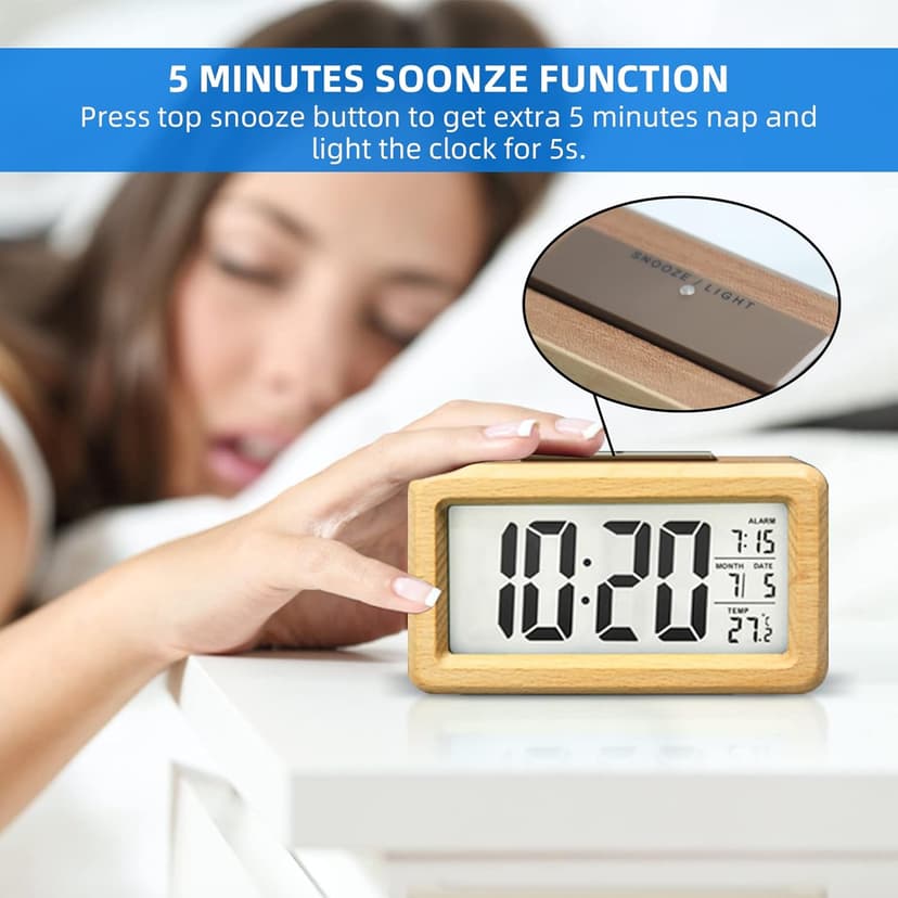 everwood Wooden Digital Battery Operated Alarm Clocks for Bedrooms, Beside, Table, Desk