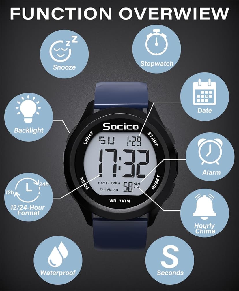SOCICO Mens Digital Watch Sports Waterproof Outdoor Large Face Military Watches with Stopwatch Back Light Alarm Date Display