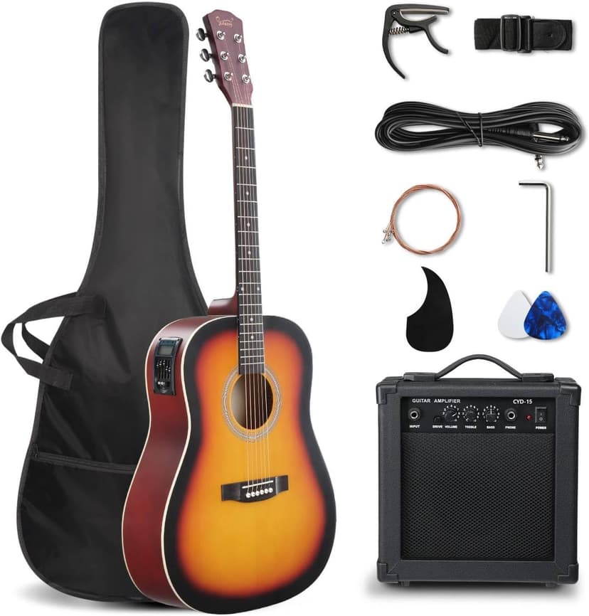 GLARRY 41in Full Size Acoustic Electric Guitar Beginner Kit with 15W Amp, 5-band EQ Dreadnought Design 6 Strings Electric Acoustic Guitar with Bag, Strap, Picks, Strings, Wrench, Sunset Color