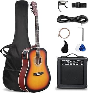 GLARRY 41in Full Size Acoustic Electric Guitar Beginner Kit with 15W Amp, 5-band EQ Dreadnought Design 6 Strings Electric Acoustic Guitar with Bag, Strap, Picks, Strings, Wrench, Sunset Color