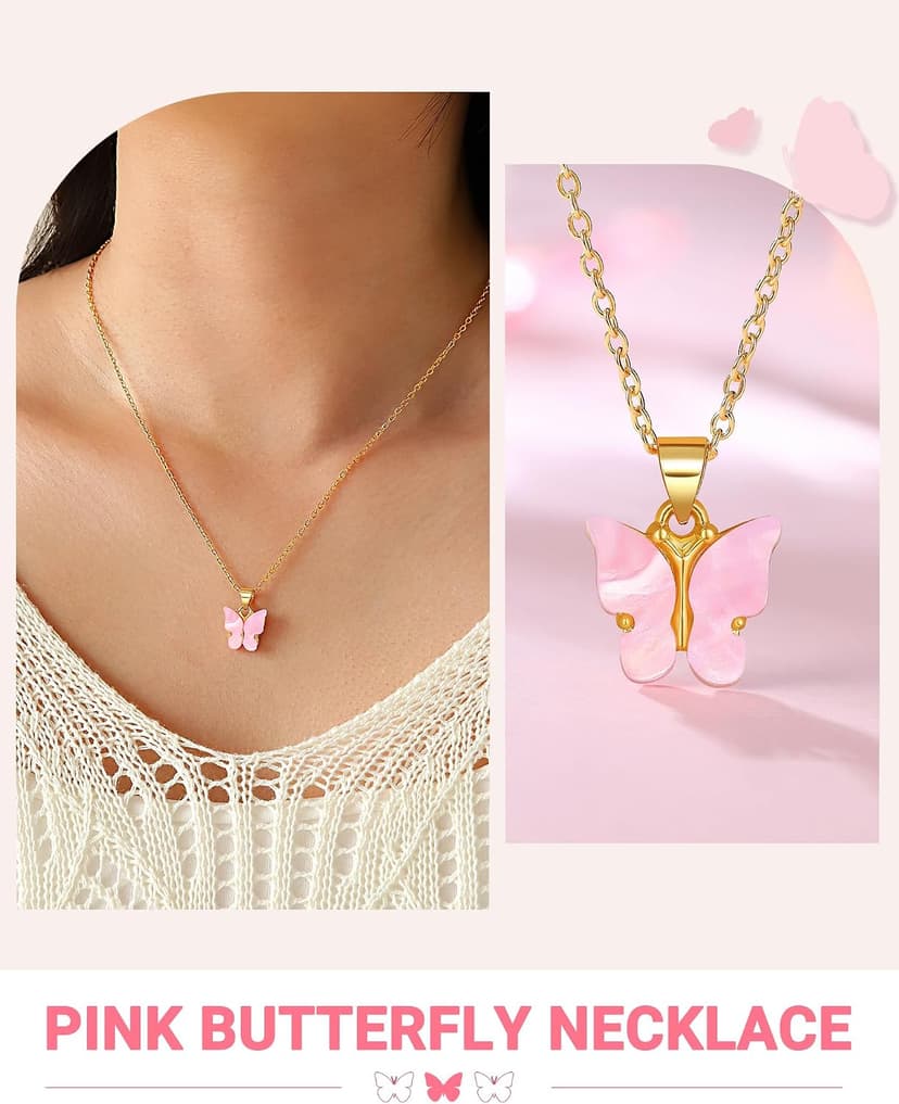 UNGENT THEM Pink Butterfly Necklace-Birthday Gifts for 5-11 Year Old Girl B0DZ6LL4Z9