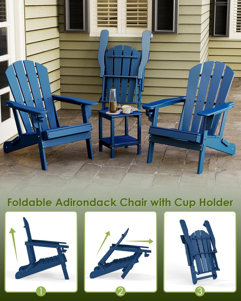 GREENVINES Folding-Adirondack-Chairs-Set-of-6 | w/Cup Holder| HDPE Plastic | All-Weather Patio Fire Pit Chairs | for Outdoor Poolside Deck | Blue