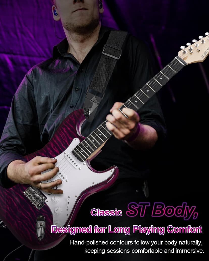 UST-200 Beginner Electric Guitar Kit HSS Pickup, Versatile 5-Way Switch for Clean to High-Gain Tone, Full-Size ST Style Guitar for Starter & Intermediate Players, Gig Bag, Digital Tuner Purple