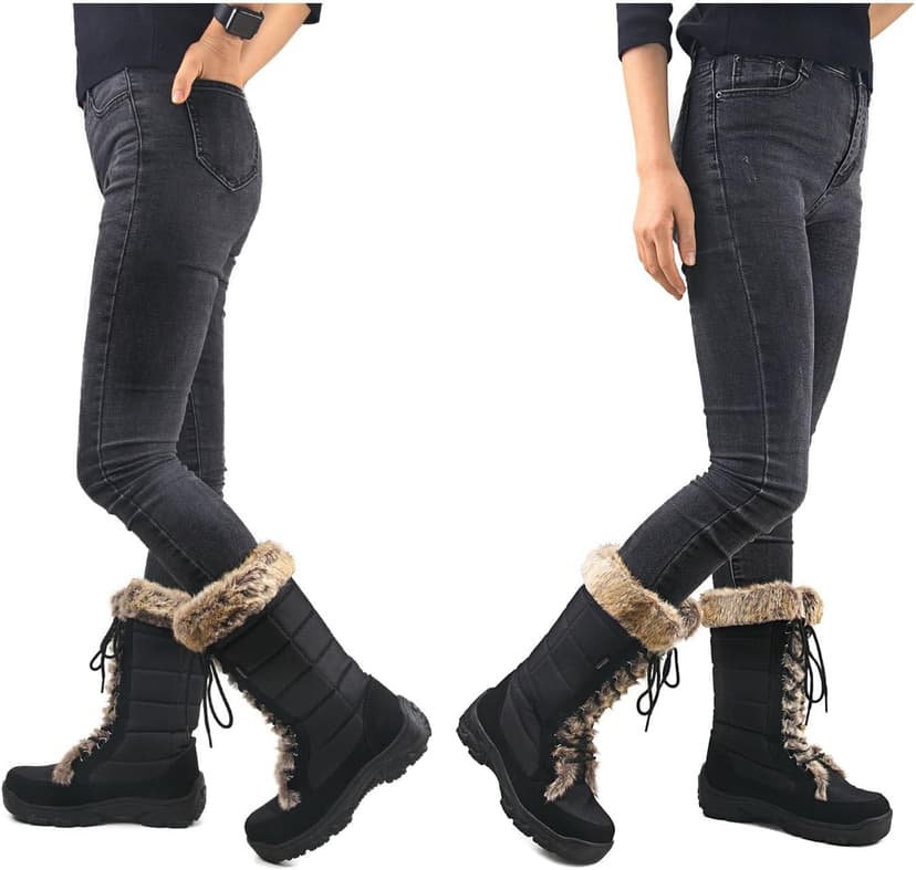 AUSLAND Women's Black Winter Snow Boots Twin Peaks Fur Cuff Mid-Calf Waterproof Lace Up Boots