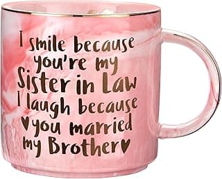 Hendson Sister In Law Gifts for Christmas - Funny Sister In Law Birthday Gift, Sis Engagement, Wedding Gift, New Sis InLaw, SIL To Be, Christmas - I Smile Because - Pink Marble Mug, 11.5oz Coffee Cup
