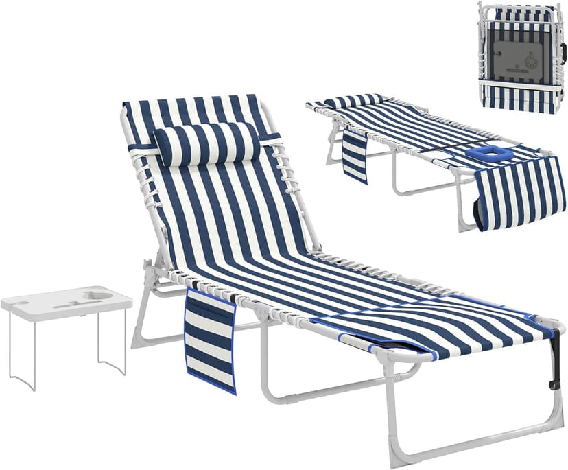 Outsunny Tanning Chair with Face Hole, Side Table, 5-Position Reclining Folding Chaise Lounge Chair Outdoor Lounger Recliner, Carry Straps for Beach Pool Camp, Oxford Fabric, Blue and White