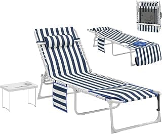 Outsunny Tanning Chair with Face Hole, Side Table, 5-Position Reclining Folding Chaise Lounge Chair Outdoor Lounger Recliner, Carry Straps for Beach Pool Camp, Oxford Fabric, Blue and White