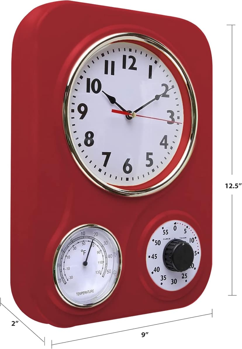 Lily's Home -9.5 Inch x 12.5 Inch -Retro Kitchen Wall Clock, Vintage Wall Clock with a Thermometer and 60-Minute Timer, Ideal for Any Kitchen, Office, or Diner (Retro Red)
