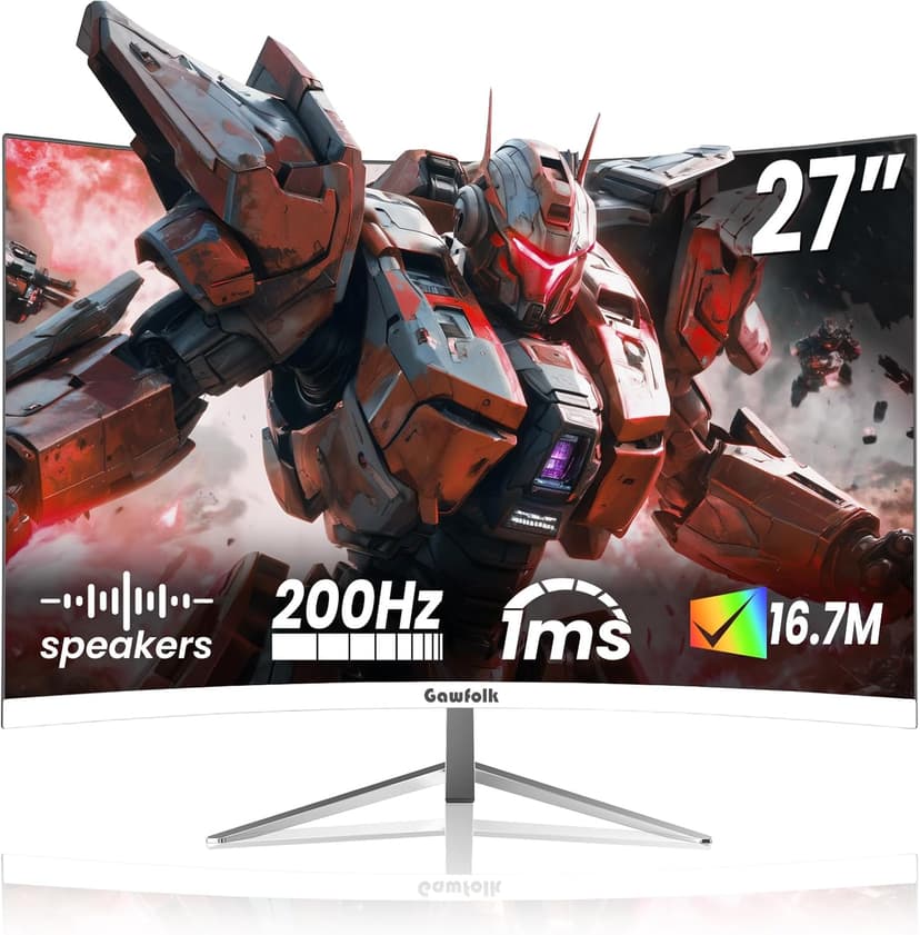 Gawfolk 27" Curved Gaming Monitor, 180Hz/200Hz FHD 1920x1080 1800R Immersive VA Panel, 1ms Response Time, FreeSync, Built-in Speakers, HDMI, VESA Mountable, White