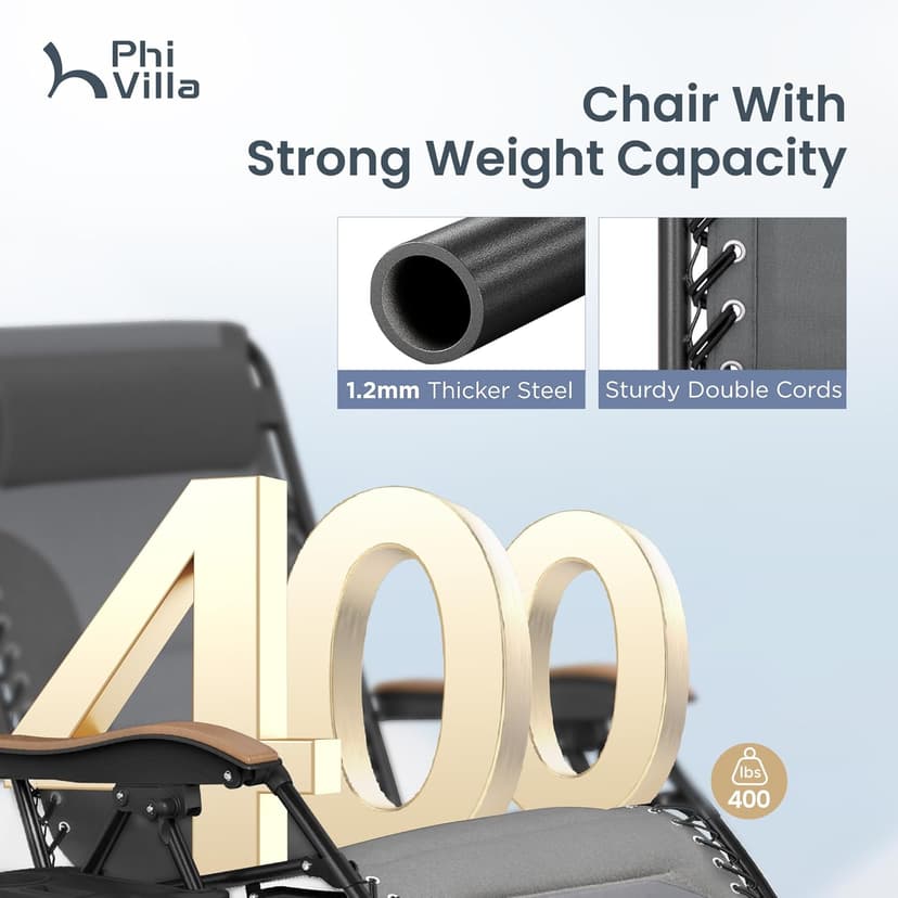 PHI VILLA XXL Oversized Padded Zero Gravity Chair, Foldable Patio Recliner, 30" Wide Seat Anti Gravity Lounger with Cup Holder, Support 400 LBS (Light Gray)