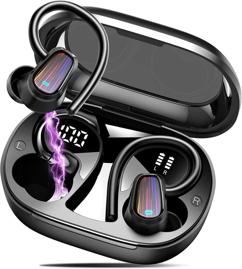 Wireless Earbuds, Headphones Sport Bluetooth 5.4, Over Ear Buds with ENC Noise Canceling Mic, Deep Bass Stereo Earphones with Hook, 50H Playback, LED Display, IP7 Ear Buds for Workout Running, Black