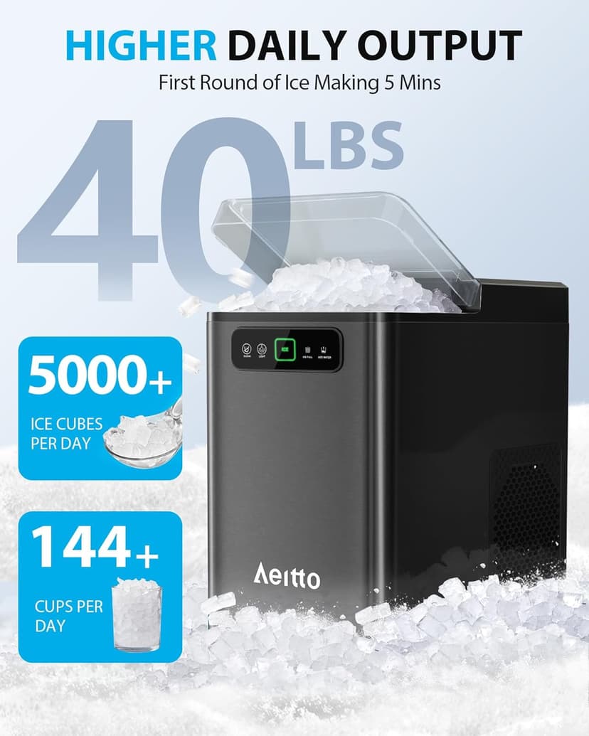 Aeitto Nugget Ice Maker 40Lbs/24H, Countertop Soft Chewable Ice Pebble Ice Machine, One-Click Operation, Auto Self-Cleaning Ice Makers with Scoop&Basket for Home, Office, Kitchen, Party (Black)
