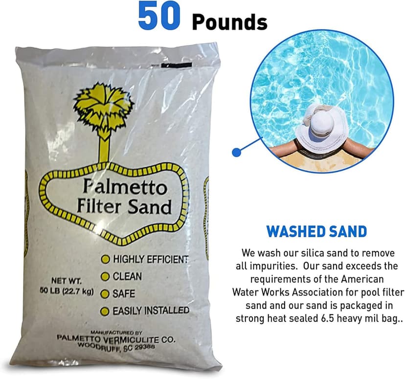 Palmetto Swimming Pool Filter Sand, 50 lb Bag – Natural Silica for Residential & Commercial Filtration Pump Systems – Screens Leaves, Oils, Dust & Hair for Clean and Clear Water