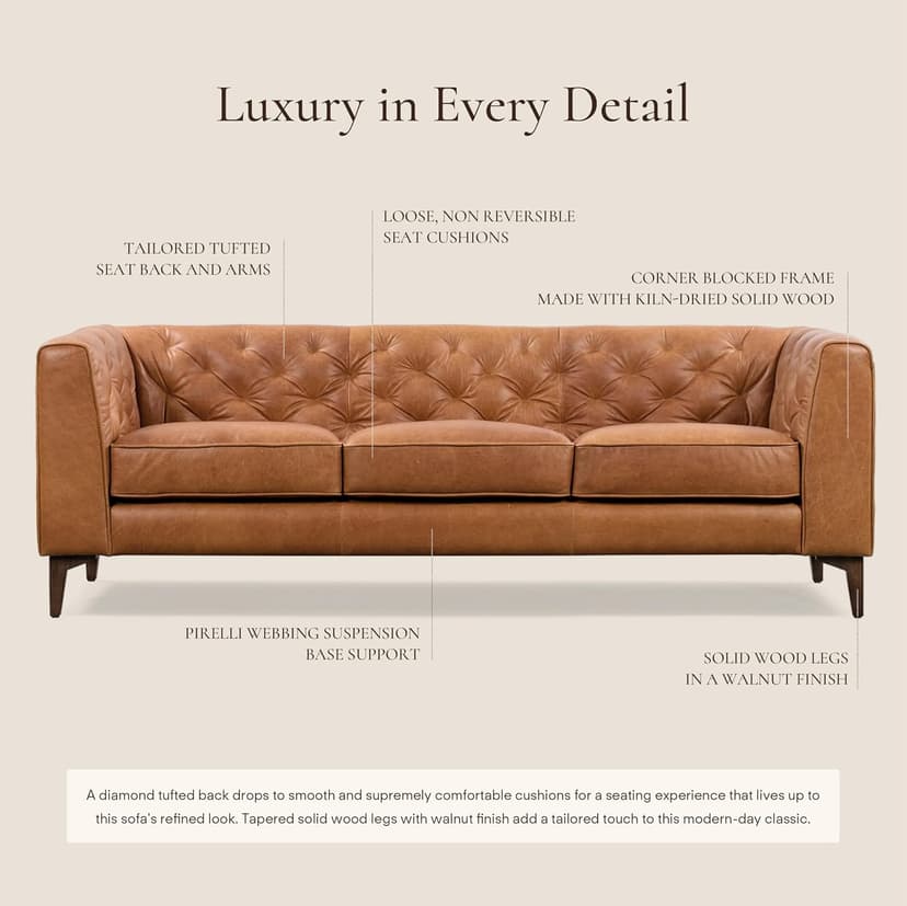 POLY & BARK Essex 89” Full-Grain Italian Leather Sofa – Tufted Back, Feather-Down Comfort, Solid Wood Frame, Cognac Tan