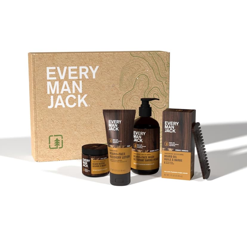 Every Man Jack Beard Essentials Gift Set for Men – Complete Routine with 5 Full-Size Essentials – Sandalwood Scent - Beard & Face Wash, Lotion, Oil, Butter & Comb
