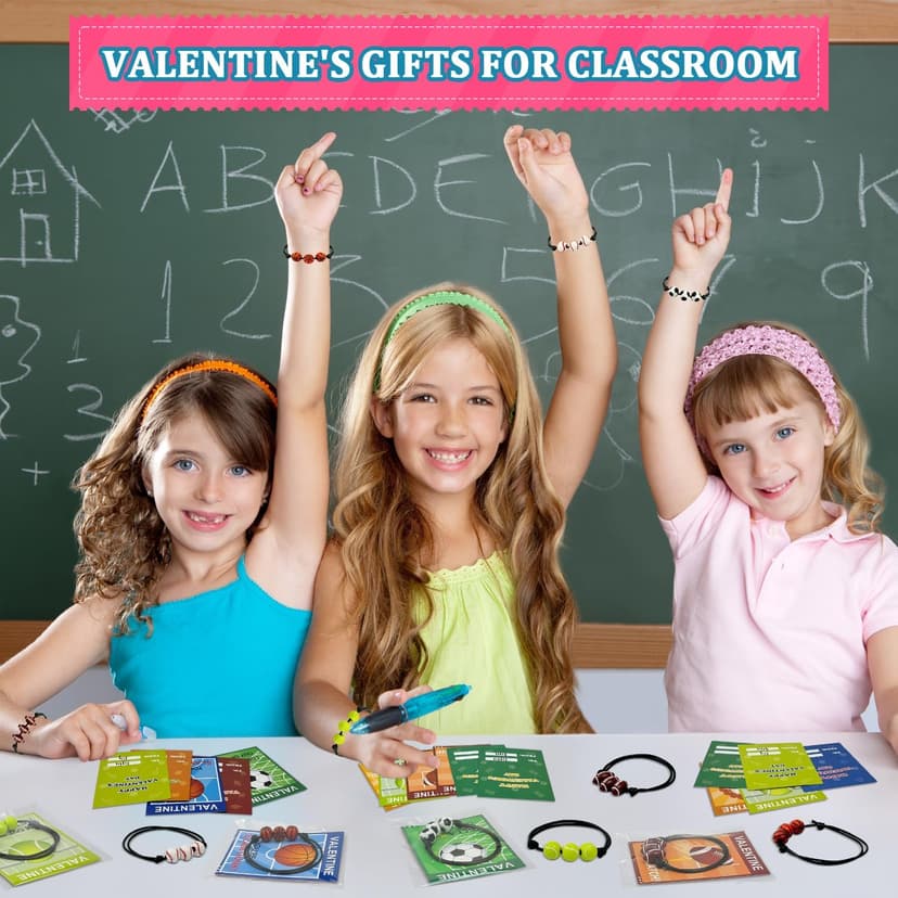 Sports Bracelet Valentines Day Gifts for Kids School Classroom,30 Pack Adjustable Bracelets w/ Cards for Toddler Boy Girl,Valentine Non Candy Treats Party Favor Goodie Bag Stuffers Prizes for Class