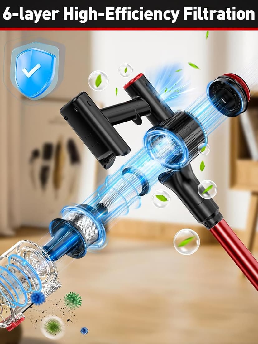 Cordless Vacuum Cleaner, 45KPA 8-in-1 Vacuum Cleaners for Home, 50Mins Runtime, Anti-Tangle Stick Vacuum with LED Display, Rechargeable Lightweight Vacuum for Pet Hair/Carpet/Floor (Red) (Red)