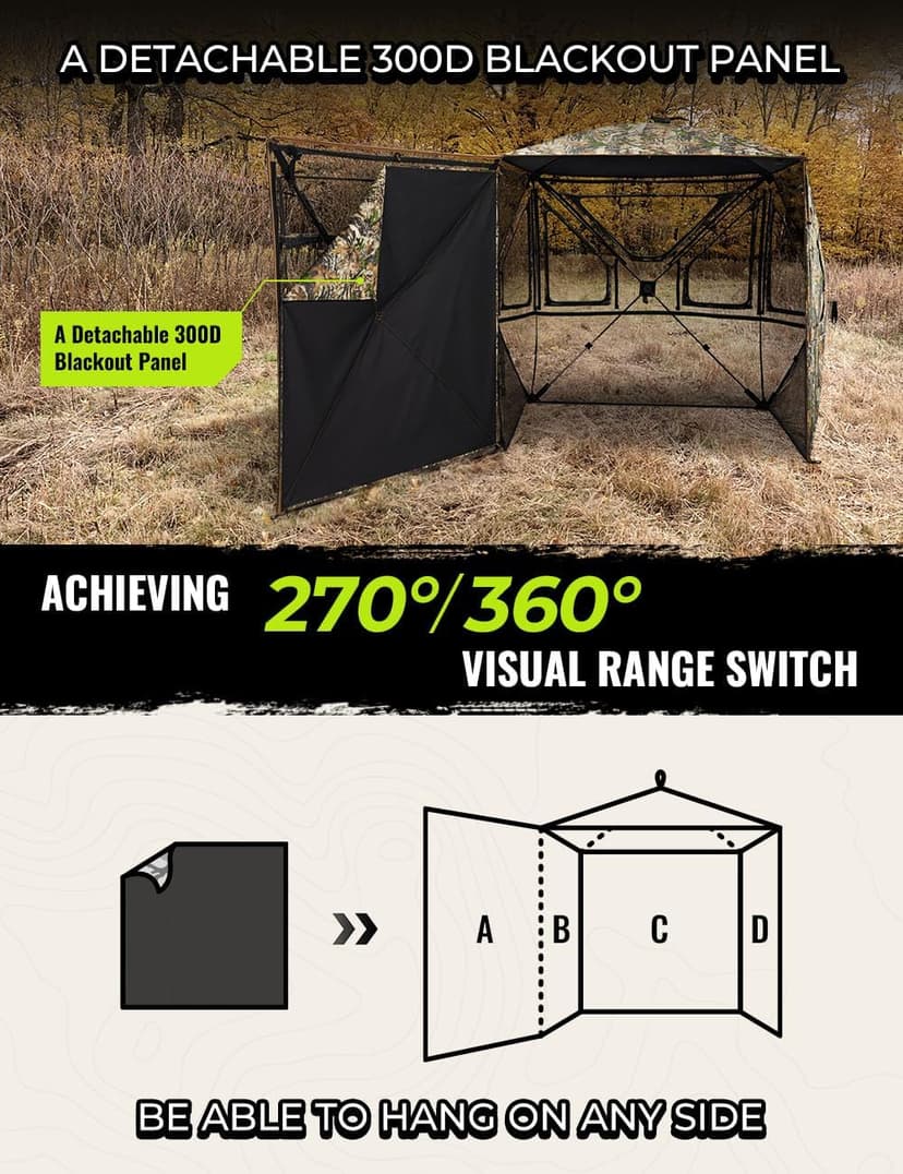 TIDEWE Hunting Blind 360°See Through with Large Open Door, Pop Up Ground Blind with Removable Curtain & Carrying Bag, Portable Resilient Tent(Forest Fade Camo)