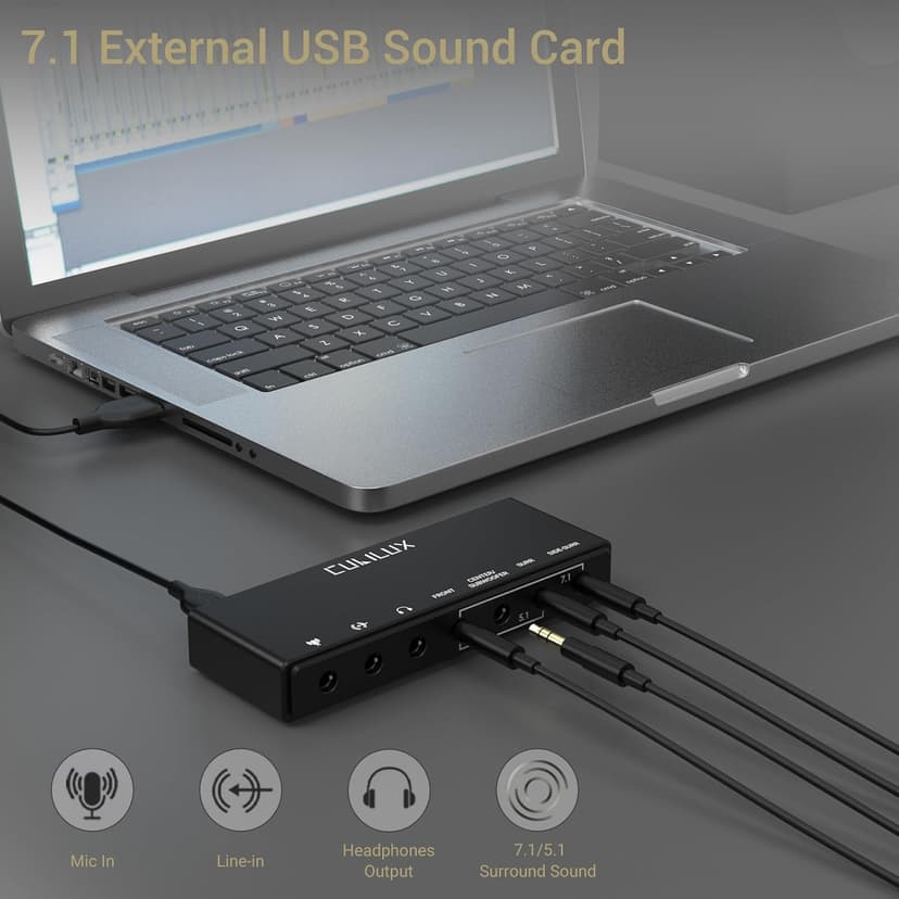 Cubilux 7.1 USB Surround Sound Card- 48KHz-384KHz Sample Rate for Headphones, Full Aluminum Alloy USB A External Sound Card for Laptop PC-Supports Line-in & Stereo Mic in