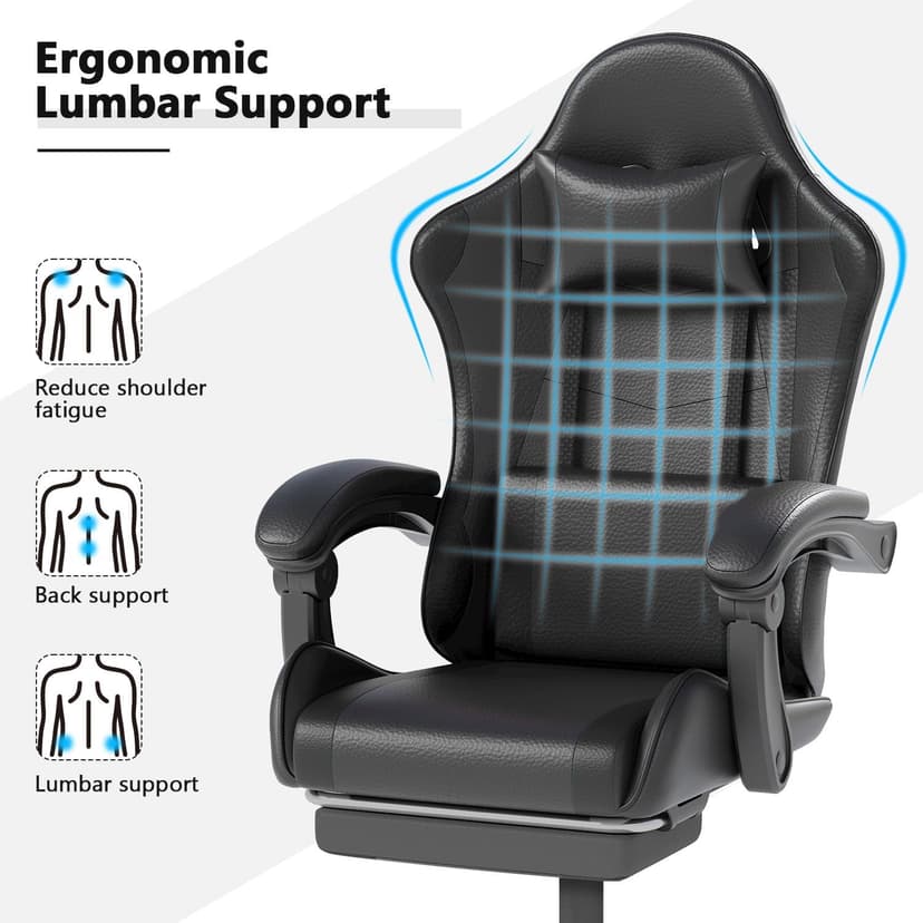 OS MOTOR Gaming Chair with Headrest and Lumbar Support, Ergonomic High Back Office Chair, Racing Style Executive Computer Desk Chair, Leather Adjustable Swivel Task Chair for Home Office (Black)