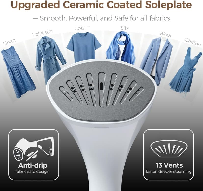 Mafilise Steamer for Clothes, 20S Heat Up, 1500W & 3 Steam Settings, Ceramic Soleplate with 13-Vent, 2-in-1 Clothing Iron Wrinkle Removal for All Fabrics, Portable & Travel-Ready