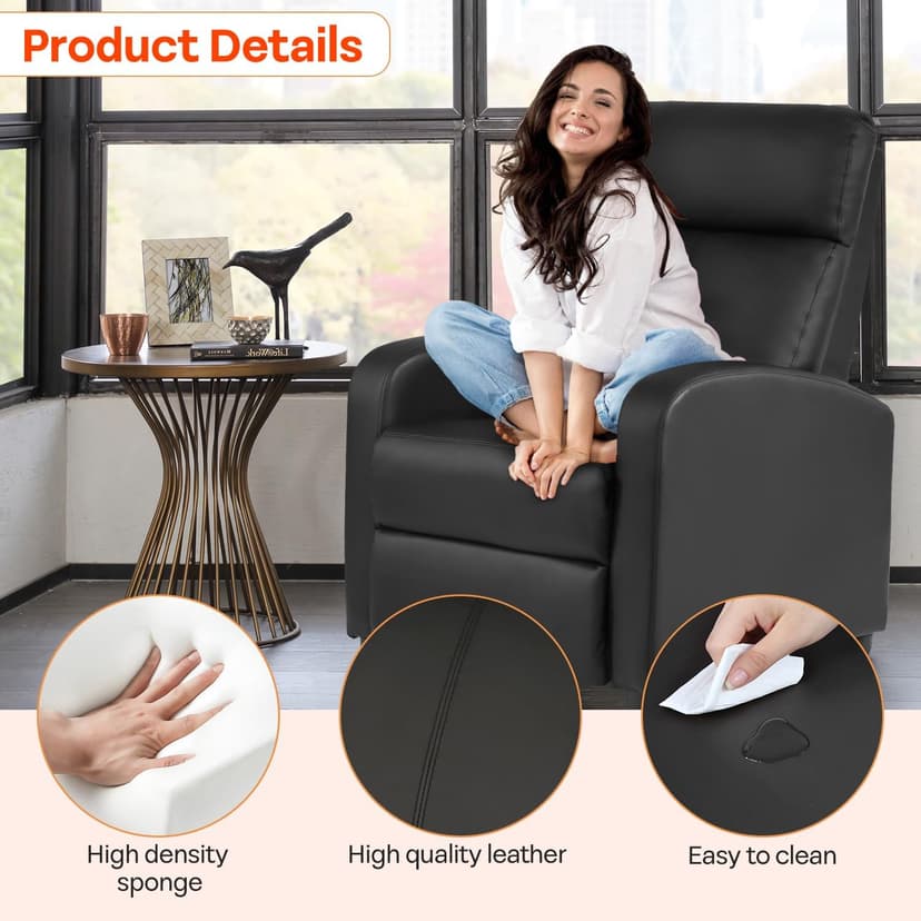 FDW Recliner Sofa Massage Chair Home Theater Seating with Lumbar Support and Padded Backrest for Living Room and Bedroom (Leather, Black)