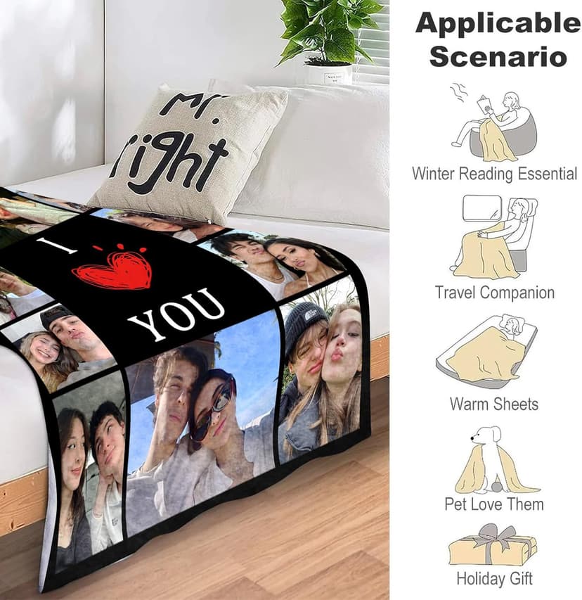 Custom Blanket with Picture Text Customized Fleece Photo Blanket for Couples Gifts Personalized Blankets and Throws Christmas Birthday Gifts for Boyfriend Girlfriend
