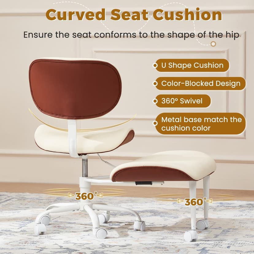 EROMMY ADHD Chair with Wheels Retractable footrest, Wide and Thickened Criss Cross Chair, Ergonomic Cross Legged Kneeling Desk Chairs for Meditation Yoga, Beige & Brown