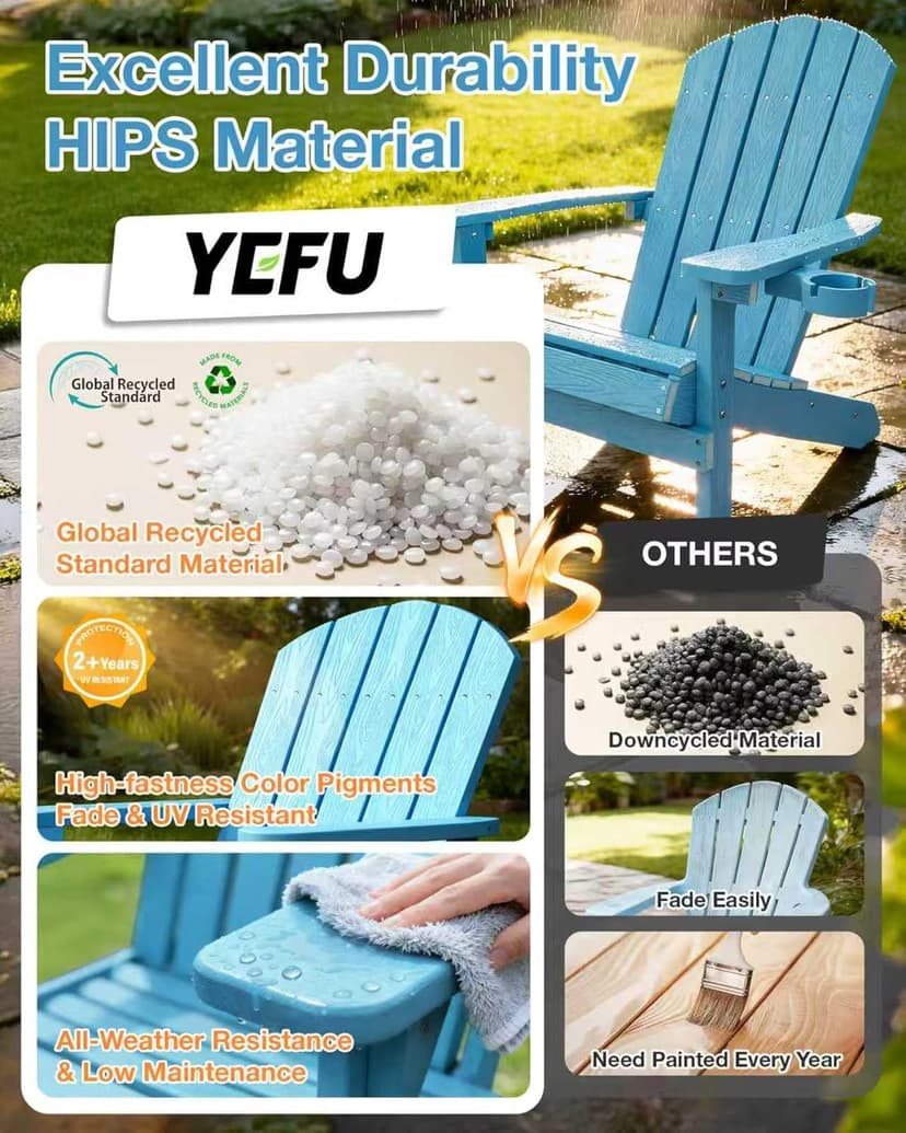 YEFU Adirondack Chair Weather Resistant: Outdoor Chair HIPS Plastic Adirondack Chairs - Patio Chairs with Cup Holder & Wood Texture - Lawn Fire Pit Deck Porch Garden Chairs for Adults (Blue)