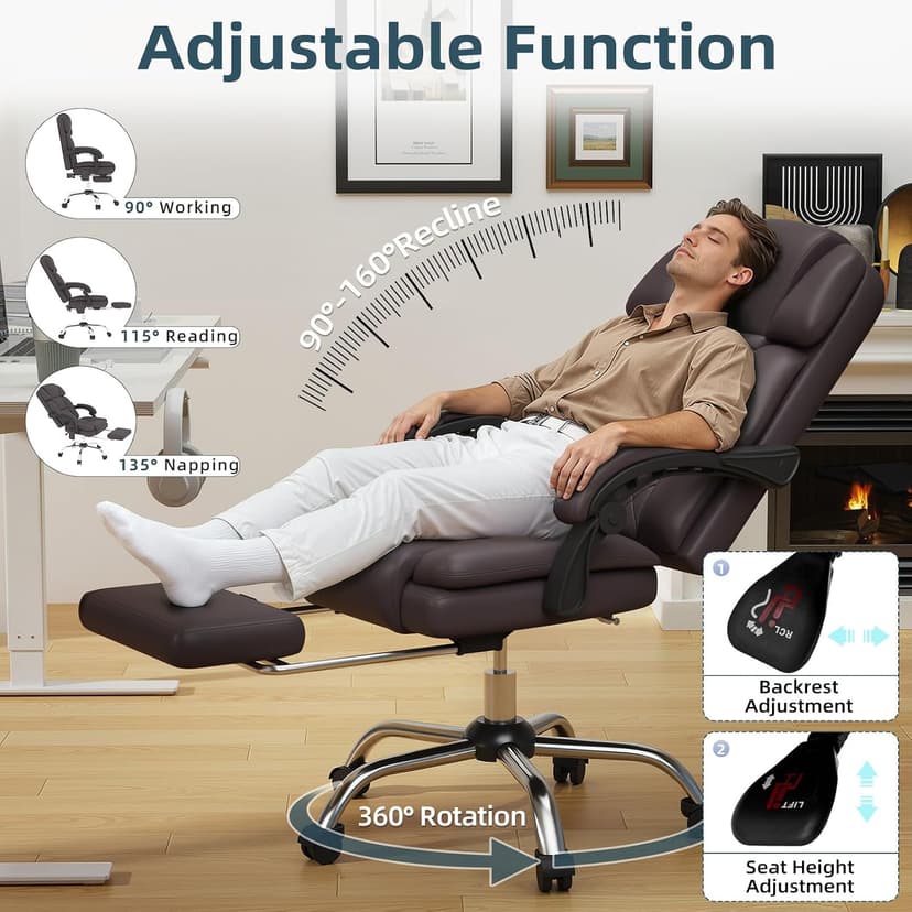 HOMREST 6-Point Massage Office Chair with Heat, Ergonomic Reclining Desk Chair with Footrest, PU Leather Executive Chairs for Home Office, Massaging Computer Chair Gift for Men, Brown