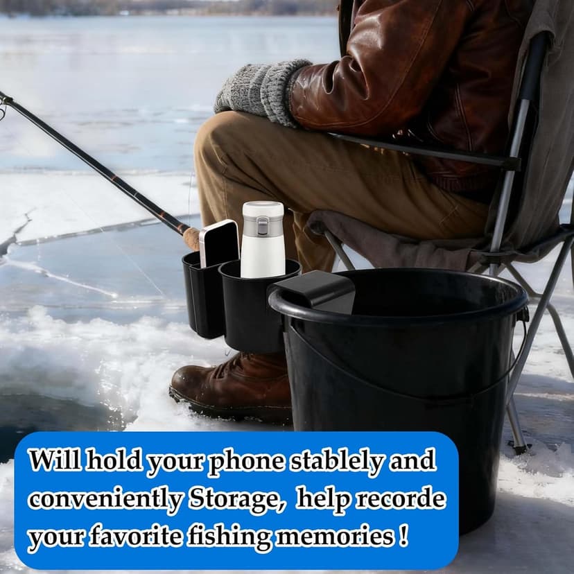 Upgraded Ice Fishing Sled Phone,Drink and Tool Holder 3 in 1 Plastic Ice House Sled Rod Holder Hands-Free Ice Fishing Bucket Holders Rack Gear Accessories Sturdy for Ice Sled Men Birthday Gift Black