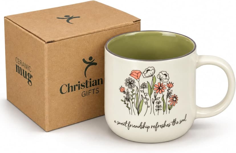 Christian Art Gifts Sage Green Floral Ceramic Coffee Mug – 15 oz. Microwave and Dishwasher-safe Inspirational Scripture Coffee and Tea Mug for Friends with Bible Verse: Sweet Friendship –Proverbs 27:9