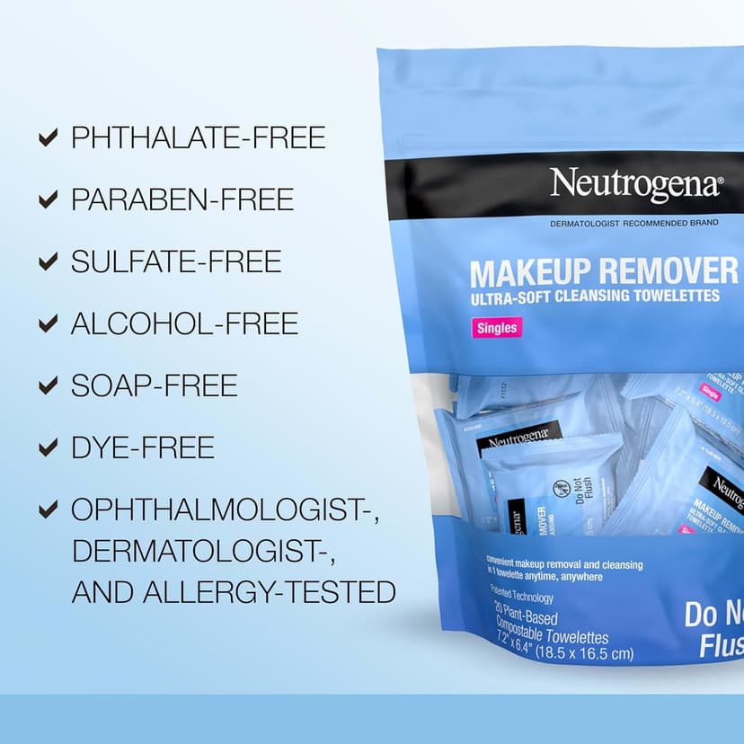 Neutrogena Makeup Remover Wipes, Daily Single Face Cleansing Towelettes, Makeup Removing Cleansing Wipes Removes Dirt & Oil, Alcohol-Free Face Towelettes, 20 ct