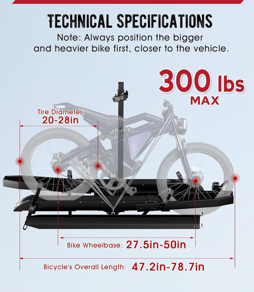 Ebike Rack with Ramp, Foldable Bike Rack for Tow Hitch, Heavy Duty Bike Carrier for 2 Fat Tire Bikes with 300LBS Load Capacity - Fits SUV, Truck, Trailer, RV
