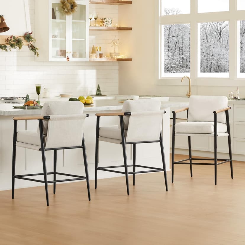 Watson & Whitely Mid Century Modern Barstools Set of 2, 26" H Upholstered Counter Height Bar Stools with Wood Armrests and Metal Legs, Fabric in Beige