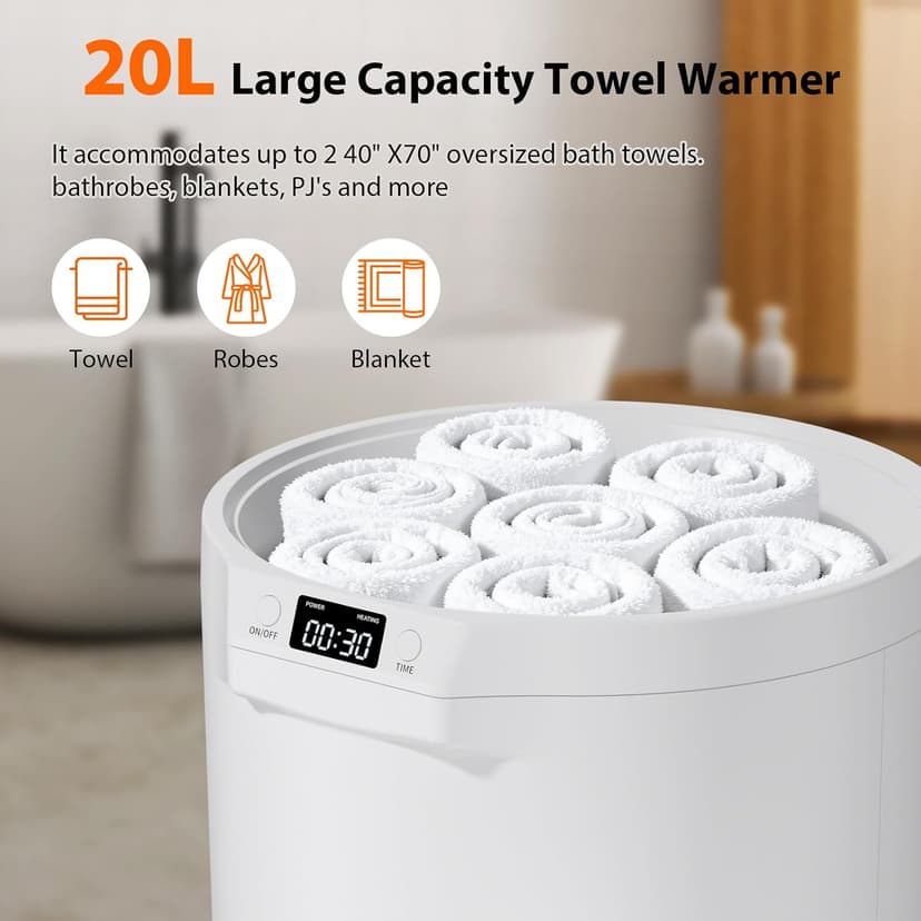 Towel Warmers for Bathroom, 20L Large Towel Warmer Bucket, Fits Up Two 40"X70" Oversized Towels, Bathrobes, Blankets, Towel Heater with LCD, 4 Timer Setting and Auto Shut Off(White)