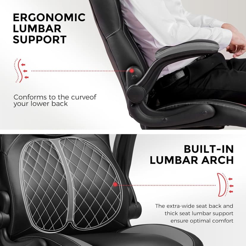 COMHOMA Office Computer Gaming Chair Ergonomic Desk Chair for Adults with Lumbar Support Flip-Up Arms Adjustable Height Swivel Wheels PU Leather Executive Design for Short People Use, Gray