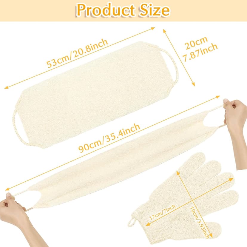 Anezus Exfoliating Back Scrubber Bath Gloves Set, Exfoliating Shower Towel with Shower Gloves for Body Scrub, Back Cleaner Wash Gloves to Remove Dead Skin (Beige)