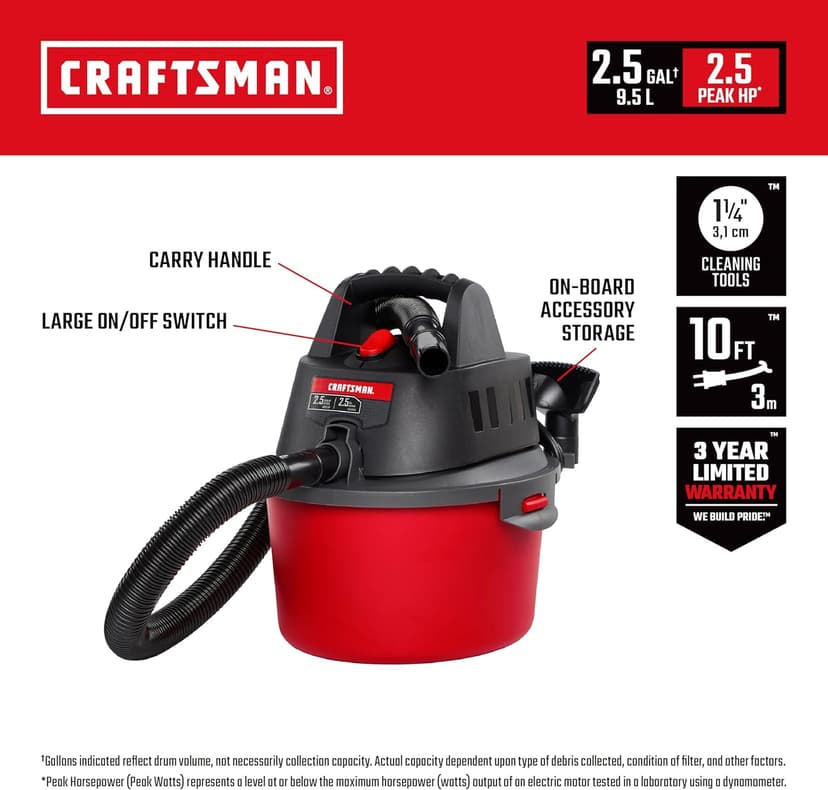 CRAFTSMAN CMXEVBE17250 2.5 Gallon 2.5 Peak HP Wet Dry Vac, Portable Shop Vacuum Wet and Dry with Filter Bag, Hose and Attachments for Cleaning in The Home