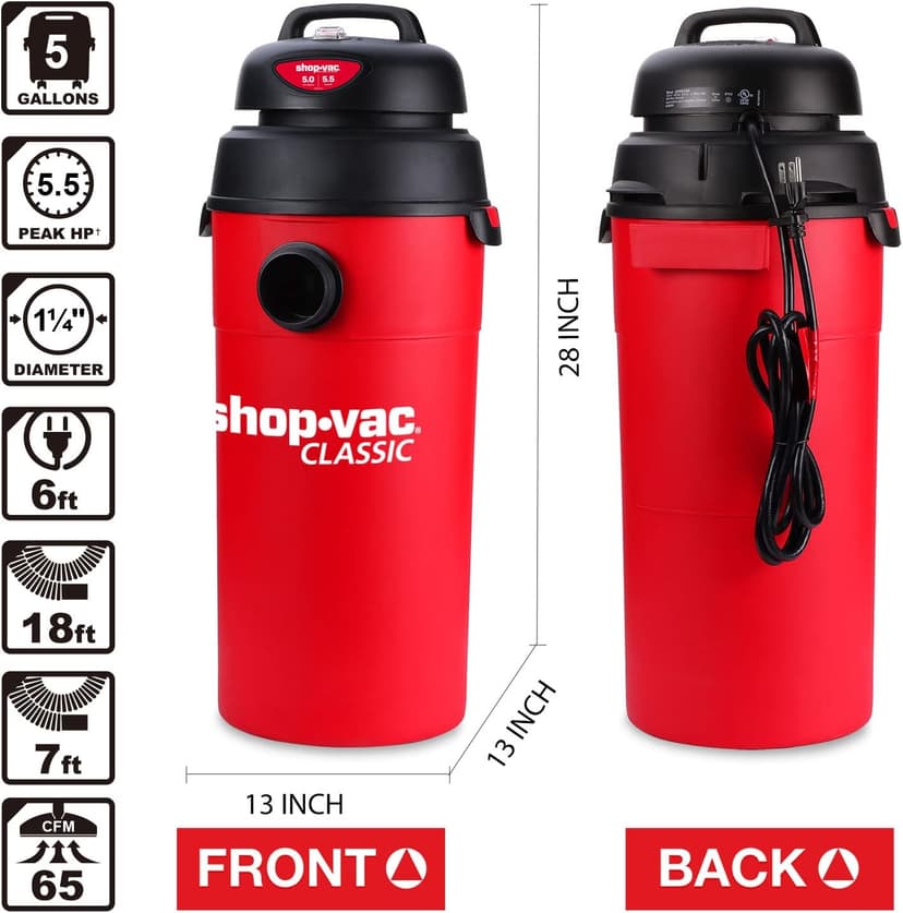 Shop-Vac 5 Gallon 5.5 Peak HP Wet/Dry Vacuum, Wall Mountable Compact Shop Vacuum with 18+7Ft Long Hose & Attachments, Ideal for Jobsite, Garage, Car & Workshop. 9522236