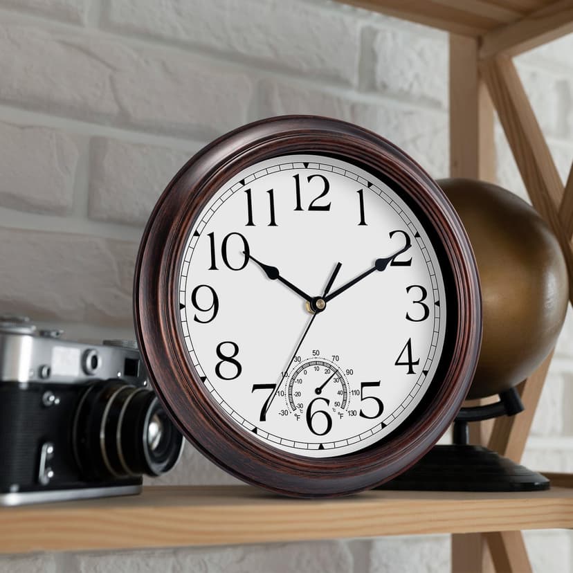 KECYET 8.5 Inch Outdoor Wall Clock with Thermometers, Vintage Silent Wall Clocks Battery Operated, Retro Non-Ticking Clock Decorative for Living Room, Patio, Kitchen, Office, Bathroom, Bedroom(Bronze)