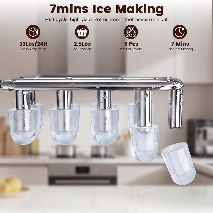 3 in 1 Water Cooler Dispenser with Ice Maker, Bottom-Loading Water Cooler Hot and Cold for Home & Office, 33lbs/24H Bullet Ice, Top Loading 3-5 Gallon, Child Safety Lock, Ice Ready in 7 Mins