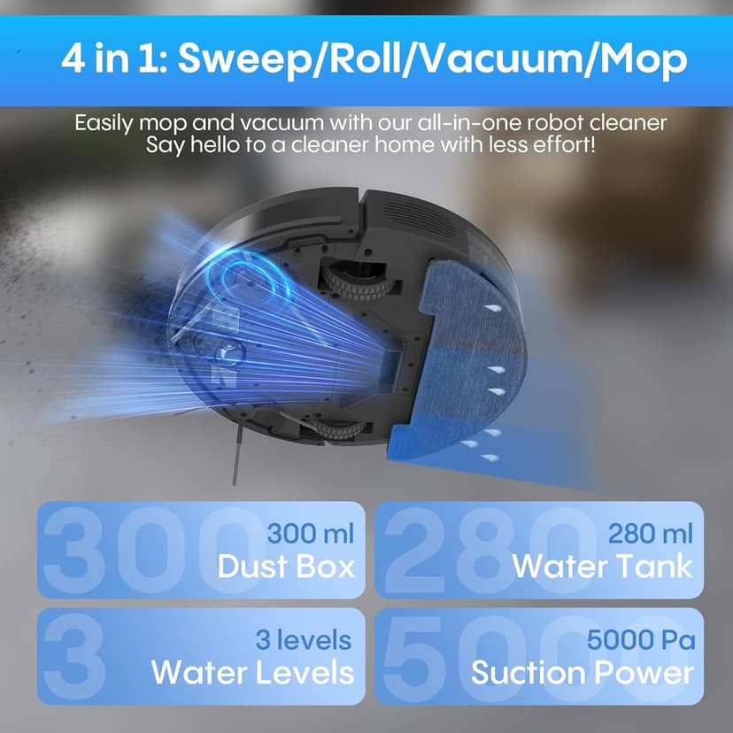 Bagotte Robot Vacuum and Mop Combo,5000Pa Robotic Vacuum with Schedule,4 in 1 Robotic Vacuum Cleaner, Quiet Slim,Self-Charging,Wi-Fi/Voice/App,Perfect for Pet/Hard Floors,/Carpet