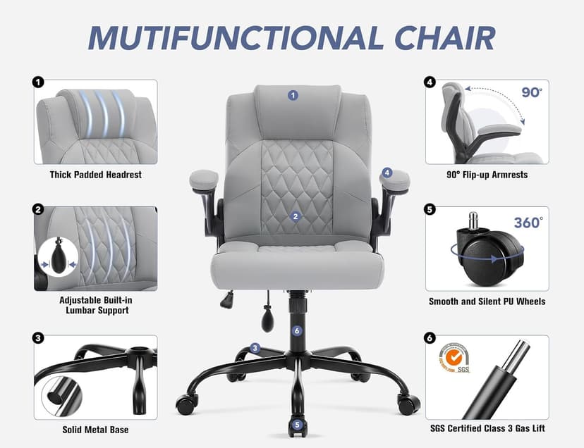 Office Chair with Adjustable Inflatable Lumbar Support,Leather Ergonomic Computer Desk Chair with Flip-up Arms,Adjustable Tilt Lock,Swivel Rolling Executive PC Chair for Work,Study,Meeting.Grey